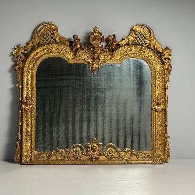 Italian Renaissance Style Over the Mantle Wall Mirror Oil Gilded Monumental