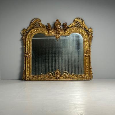 Italian Renaissance Style Over the Mantle Wall Mirror Oil Gilded Monumental