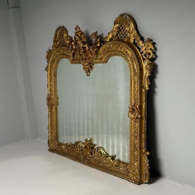 Italian Renaissance Style Over the Mantle Wall Mirror Oil Gilded Monumental