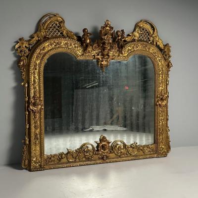 Italian Renaissance Style Over the Mantle Wall Mirror Oil Gilded Monumental