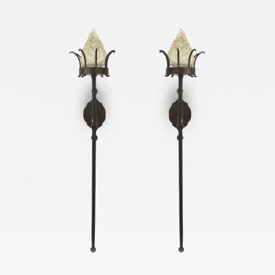 Italian Renaissance Style Wrought Iron and Glass Torch Wall Sconces