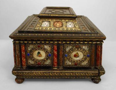Italian Renaissance style ebonized stone mother of pearl inset box