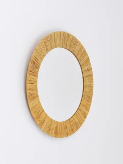 Italian Riviera Raffia Midcentury Round Wall Mirror with Bast Frame 1950s