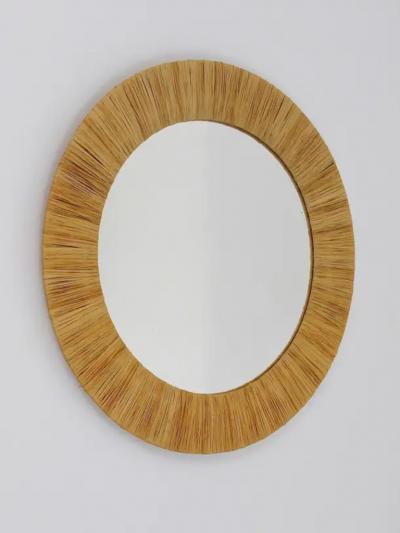 Italian Riviera Raffia Midcentury Round Wall Mirror with Bast Frame 1950s