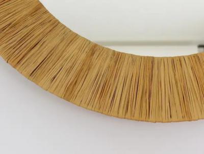 Italian Riviera Raffia Midcentury Round Wall Mirror with Bast Frame 1950s