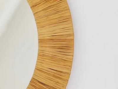 Italian Riviera Raffia Midcentury Round Wall Mirror with Bast Frame 1950s