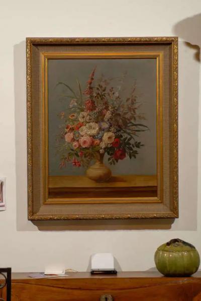 Italian Rococo 1770s Framed Still Life Painting Depicting a Bouquet of Flowers