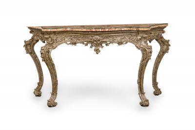 Italian Rococo Carved Silver Gilt and Blush and Green Marble Top Console Table