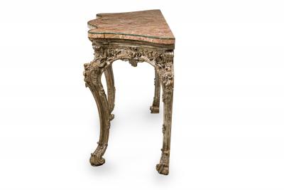 Italian Rococo Carved Silver Gilt and Blush and Green Marble Top Console Table