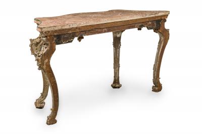 Italian Rococo Carved Silver Gilt and Blush and Green Marble Top Console Table