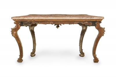 Italian Rococo Carved Silver Gilt and Blush and Green Marble Top Console Table