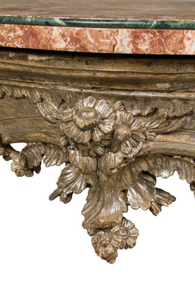 Italian Rococo Carved Silver Gilt and Blush and Green Marble Top Console Table