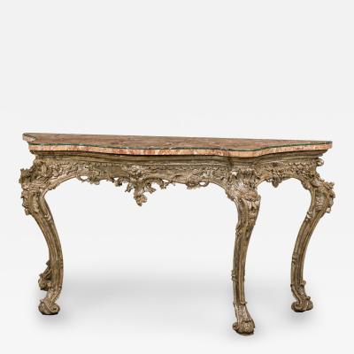 Italian Rococo Carved Silver Gilt and Blush and Green Marble Top Console Table