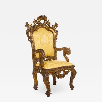 Italian Rococo Gold Damask Throne Chair