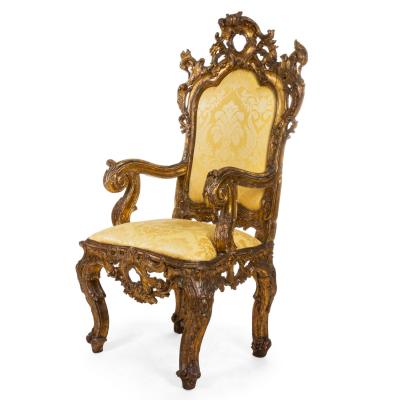 Italian Rococo Gold Damask Throne Chair