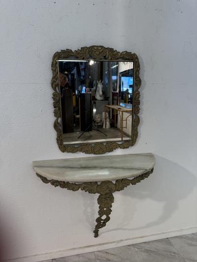 Italian Rococo Revival Mirror and Console Set with Marble Top 1950s
