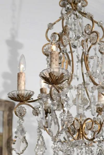 Italian Rococo Style 1890s Six Light Crystal Chandelier with Gilt Metal Armature