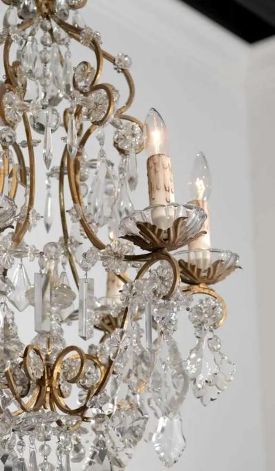 Italian Rococo Style 1890s Six Light Crystal Chandelier with Gilt Metal Armature