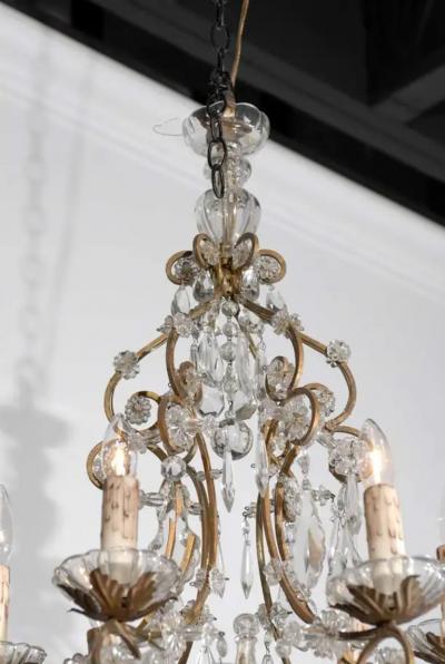 Italian Rococo Style 1890s Six Light Crystal Chandelier with Gilt Metal Armature