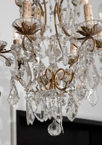 Italian Rococo Style 1890s Six Light Crystal Chandelier with Gilt Metal Armature
