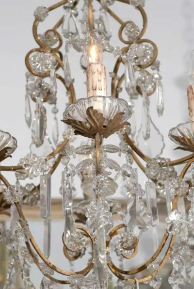 Italian Rococo Style 1890s Six Light Crystal Chandelier with Gilt Metal Armature