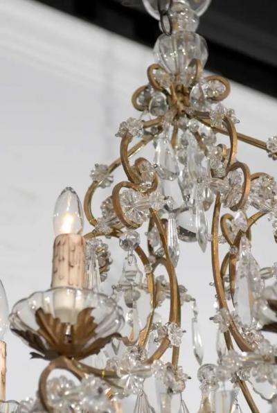 Italian Rococo Style 1890s Six Light Crystal Chandelier with Gilt Metal Armature