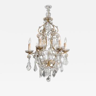 Italian Rococo Style 1890s Six Light Crystal Chandelier with Gilt Metal Armature