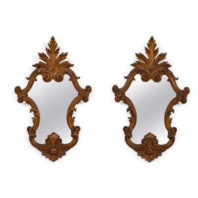 Italian Rococo Style Carved Cartouche Form Fruitwood Wall Mirrors