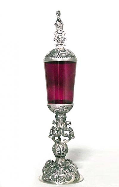 Italian Rococo Style Red Glass and Silver Chalice