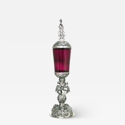 Italian Rococo Style Red Glass and Silver Chalice
