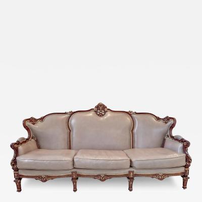 Italian Rococo Style Sofa in Fine Taupe Gray Leather Upholstery and Mahogany