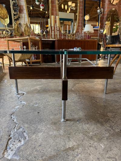 Italian Round Glass Coffee Table with Wood X Base