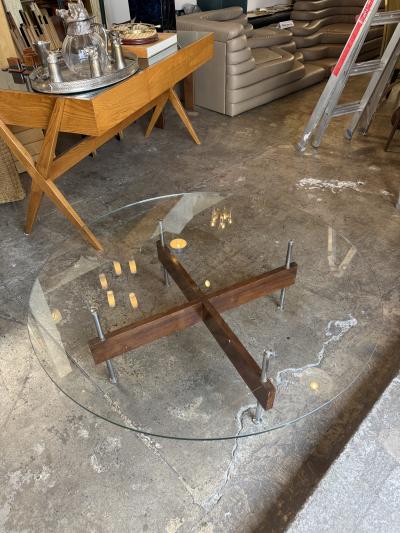 Italian Round Glass Coffee Table with Wood X Base