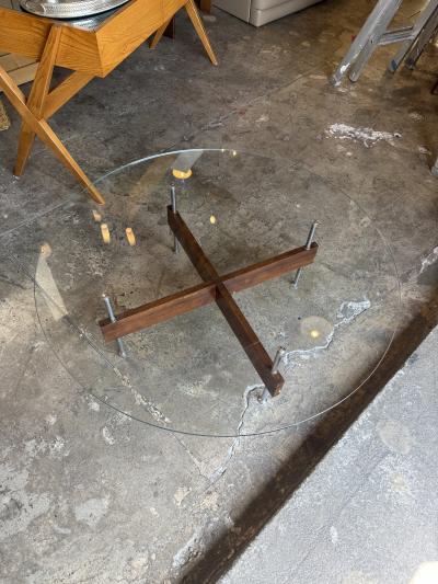 Italian Round Glass Coffee Table with Wood X Base