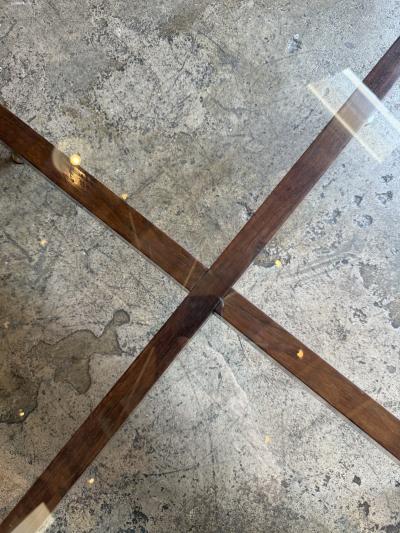 Italian Round Glass Coffee Table with Wood X Base