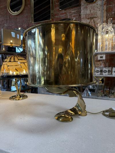 Italian Sculptural Brass Table Lamp with Cylindrical Shade 1970s