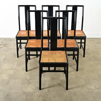 Italian Set of Six Cane Ebonized Dining Chairs