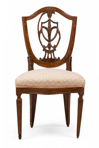 Italian Shield Back Dining Side Chair with Floral Patterned Beige Upholstery