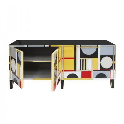 Italian Sideboard Made of Solid Wood and Covered In Colored Glass 1950s