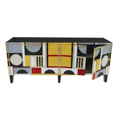 Italian Sideboard Made of Solid Wood and Covered In Colored Glass 1950s