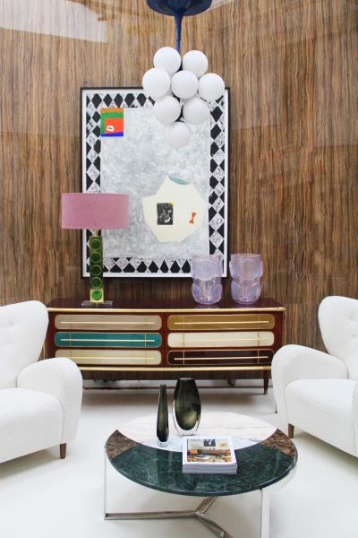 Italian Sideboard Made of Solid Wood and Covered With Colored Glass 1950s