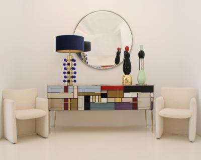 Italian Sideboard Made of Solid Wood and Covered with Colored Glass 1950s