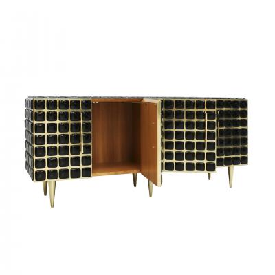 Italian Sideboard Made of Wood Brass Decorated With Black Murano Glass Mosaics