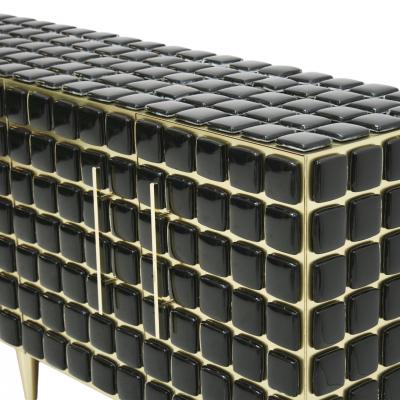Italian Sideboard Made of Wood Brass Decorated With Black Murano Glass Mosaics