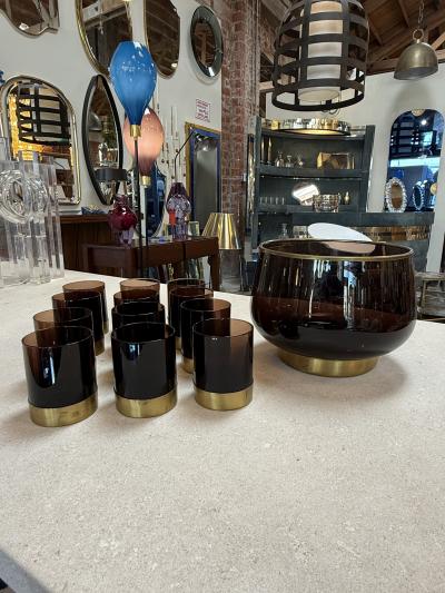 Italian Smoked Glass Bar Set with Ice Bucket and Tumblers 1970s