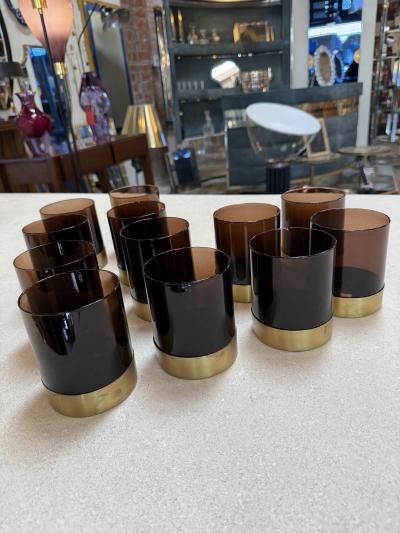 Italian Smoked Glass Bar Set with Ice Bucket and Tumblers 1970s