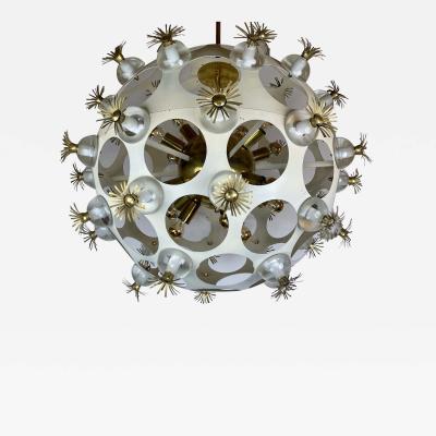 Italian Space Age White Iron Brass Clear Murano Glass Sputnik Chandelier