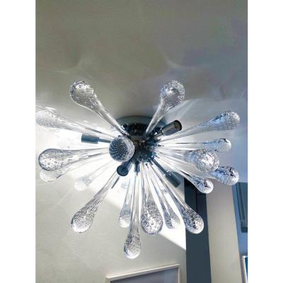 Italian Sputnik Flush Mount Made With Drops Murano Glass With Bubbles Inside
