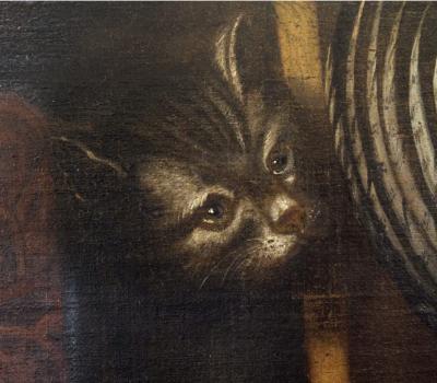 Italian Still Life Painting of a Cat with Game