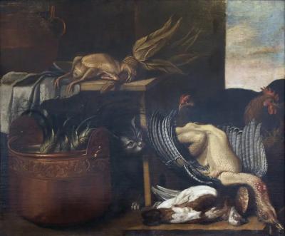 Italian Still Life Painting of a Cat with Game